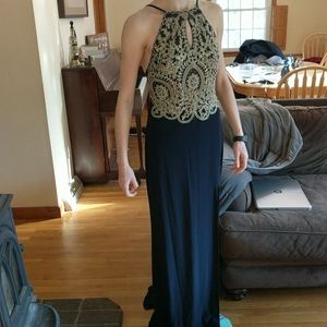 Navy blue and gold formal dress.